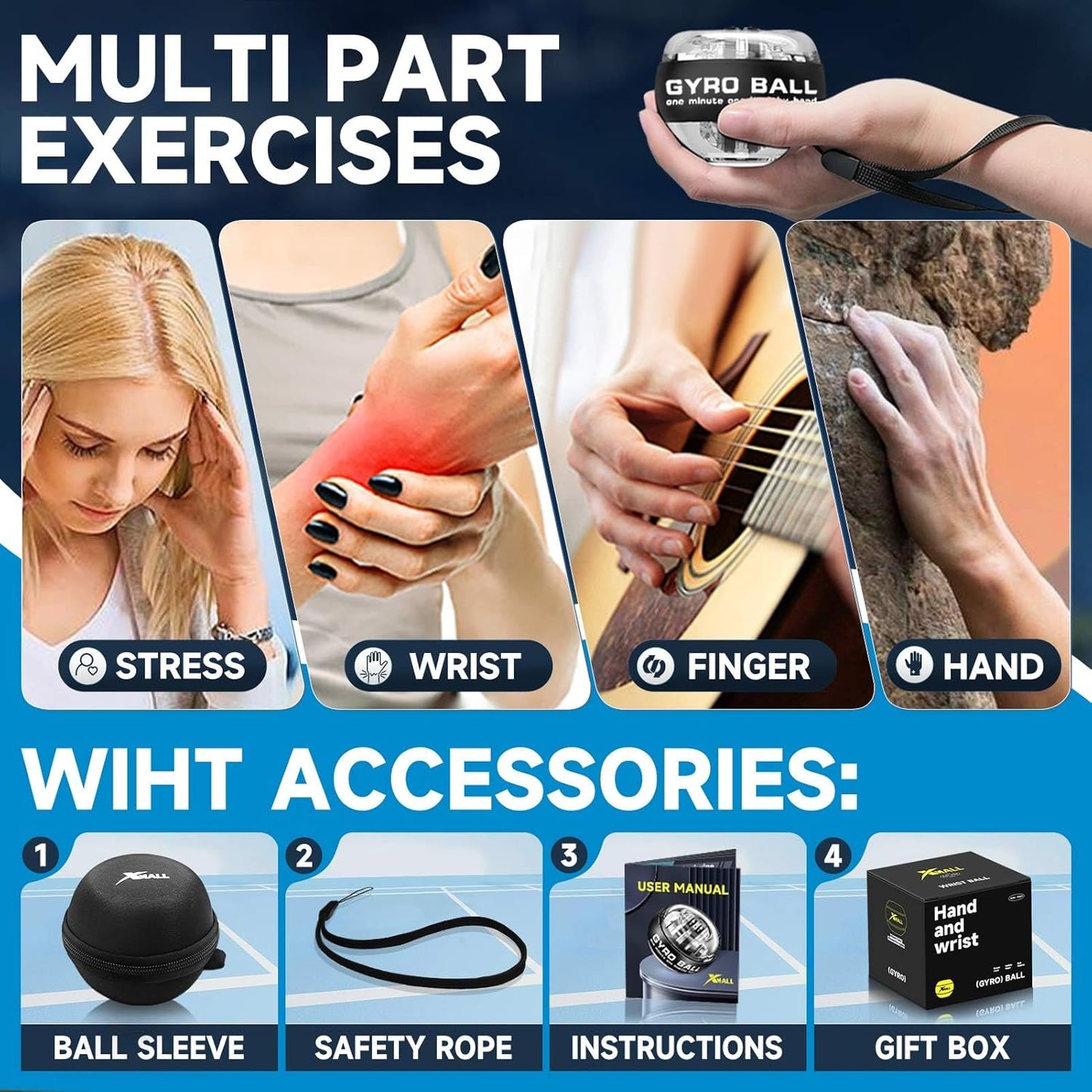 Torque Ball Hand Exerciser, Grip Strength Trainer, Forearm Strengthener, Wrist Power Gyro Ball, Hand Strengthening Devices, Wrist Strengthener, Finger Exerciser, Auto-Start